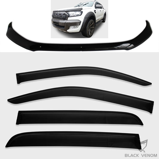 Black Bonnet Protector Stone Guard Deflector + Weathershields to suit Ford Ranger PX2 PX3 2015-2022