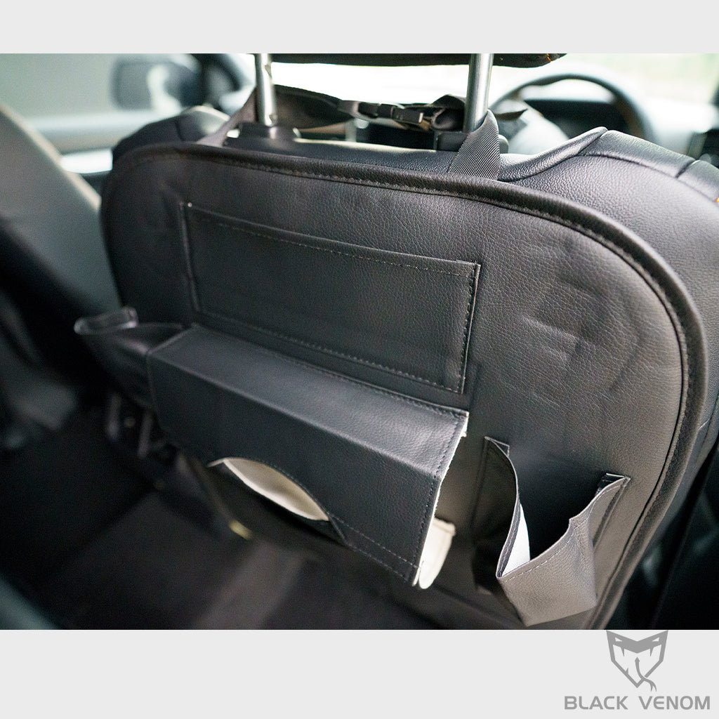 Black PU Leather Premium Car SeatBack Organizer Travel Accessories Cup Holder